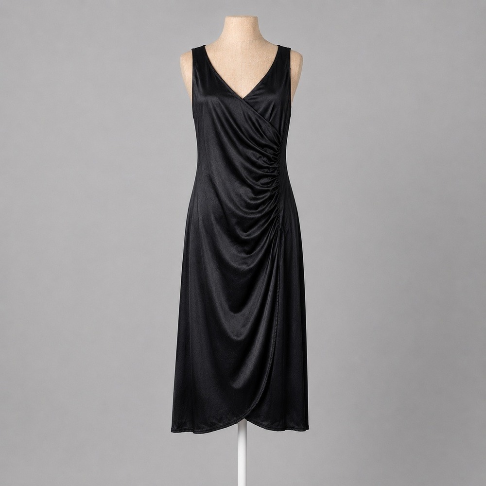 Vintage Y2K Pin Up Girl Ruched Faux Wrap Sleeveless Dress Size M Black Leg Slit